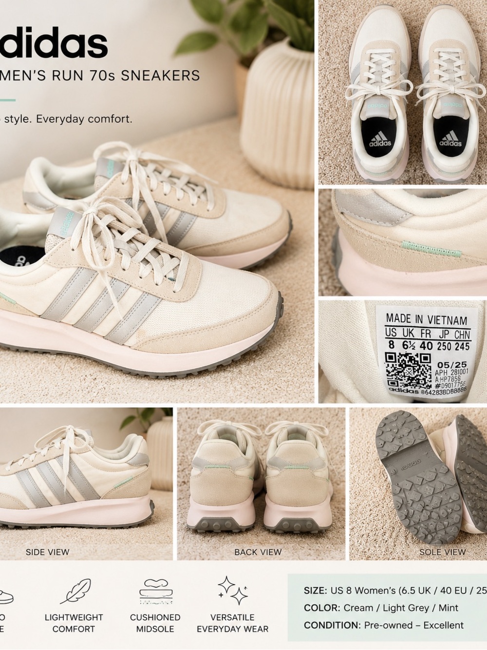 adidas Cream & Light Grey Sneakers with Mint Accents